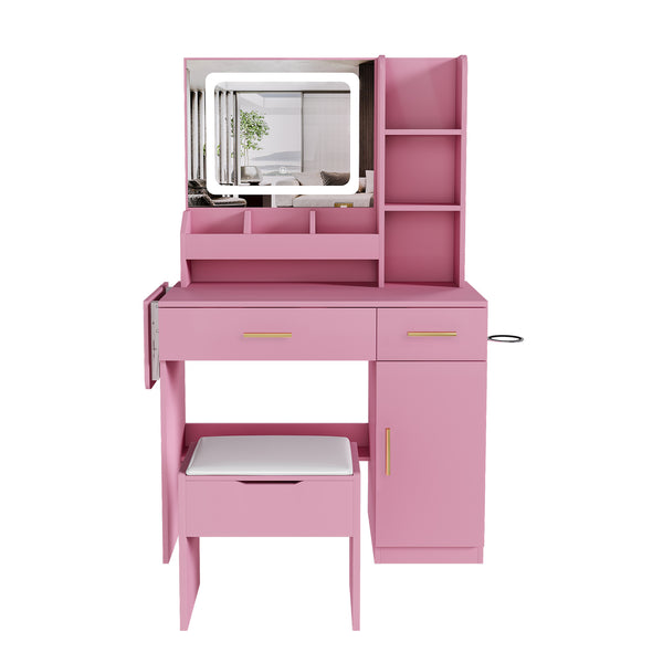 English Elm Vanity Desk with Led Mirror Power Station 3 Drawers Shelves and Makeup Stool W2700P342539