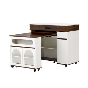 English Elm Trexm Rolling Kitchen Island Extendable Marble Top Cabinet Drawers Power Outlet Creamy White,Walnut XW000029AAD