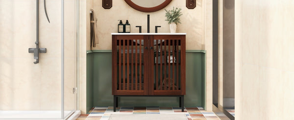 English Elm Christopher Knight Home® - 30" Vintage Bathroom Vanity with Rectangle Ceramic Sink, Rubber Wood Legs, Soft-Close Doors, Adjustable Shelves Antique brown,Dark Brown N817P245324B