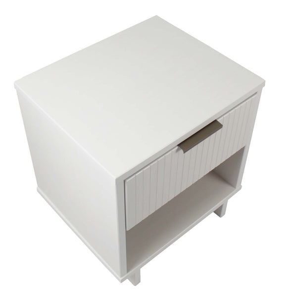 English Elm Granville Solid Wood 18" Nightstand with Ribbed Front Drawer and Gold Steel Handles, Modern Flair White B365P398138