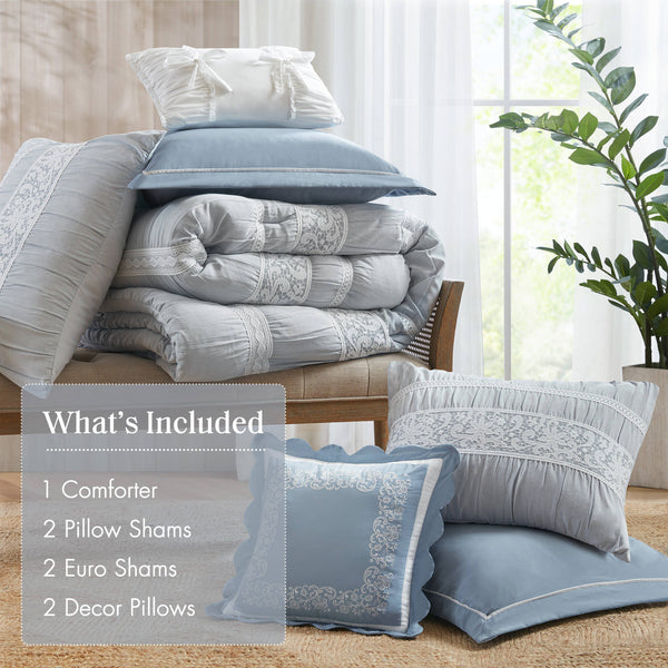English Elm 7-piece King Jacquard Comforter Set Lace Detail Chambray Cottage Bedroom Ensemble Blue B035P482887