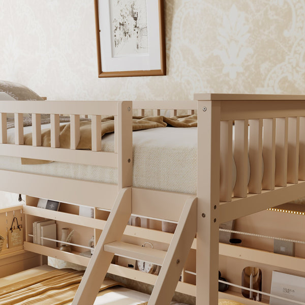 English Elm Twin Xl Over Queen Bunk Bed with Led Lighting Shelving and Pegboard Pinewood Frame Beige LT000280AAA