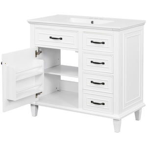 English Elm 36 Inch Bathroom Vanity - Modern Ceramic Sink, Solid Wood Frame, Adjustable Storage & Soft-Close Doors N725P336554K