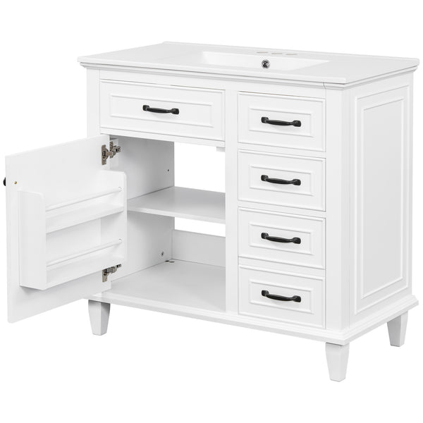 English Elm 36 Inch Bathroom Vanity - Modern Ceramic Sink, Solid Wood Frame, Adjustable Storage & Soft-Close Doors N725P336554K