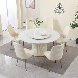 English Elm 59"modern Sintered Stone Round Dining Table Set Seats Six with Sculptural Leather Pedestal W509S00166