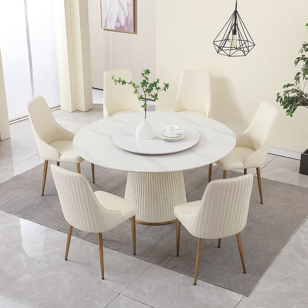 English Elm 59"modern Sintered Stone Round Dining Table Set Seats Six with Sculptural Leather Pedestal W509S00166