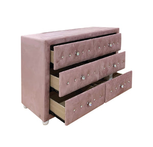 English Elm Reggie Pink Fabric Dresser with 6 Spacious Drawers, Upholstered Soft Fabric, Durable Wood Blend, 70lb Top Capacity, Smooth Metal Glide, Dovetail Construction, Safety Stop Included B2726P286648