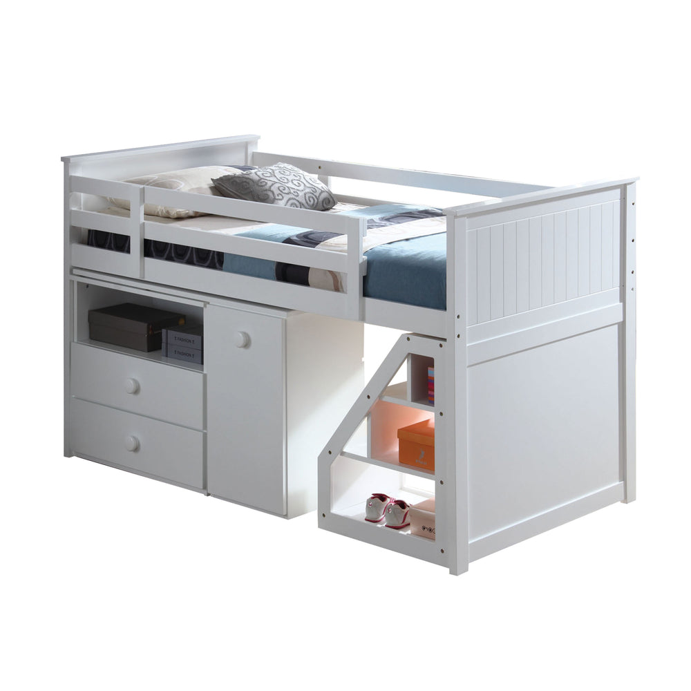 English Elm Wyatt Twin Loft Bed Set with Swivel Desk, 2-Drawer Chest & Storage Ladder in Sleek White Finish B2726S00223