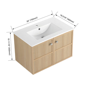 English Elm 30" Oak Wall-Mounted Bathroom Vanity with Ceramic Sink, 2 Soft-Closing Doors, Plywood Build, Space-Saving Design W1972S00022