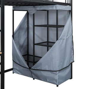 English Elm Twin Loft Bed with Built-In Desk, LED Light Strip, Power Outlet & Fabric Wardrobe for Small Rooms Black SF000178AAB