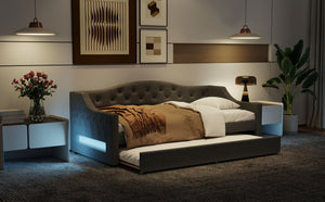 English Elm Upholstered Twin XL Daybed with Built-In LED Belt and Trundle, Linen Backrest, Modern Guest Bed Gray DL002050AAE