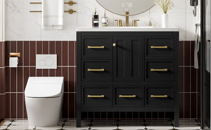 English Elm 36'' Bathroom Vanity with Resin Sink, Solid Wood Frame, 5 Drawers, Soft-Close Doors, Gold Knobs, Spacious Storage Black SW000142AAB-1