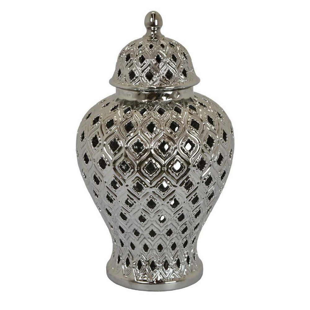 English Elm Deni Silver Porcelain Temple Jar with Pierced Lattice Lid for Mantel or Shelf Display B056P416854