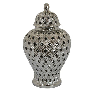 English Elm Deni Silver Porcelain Temple Jar with Pierced Lattice Lid for Mantel or Shelf Display B056P416854