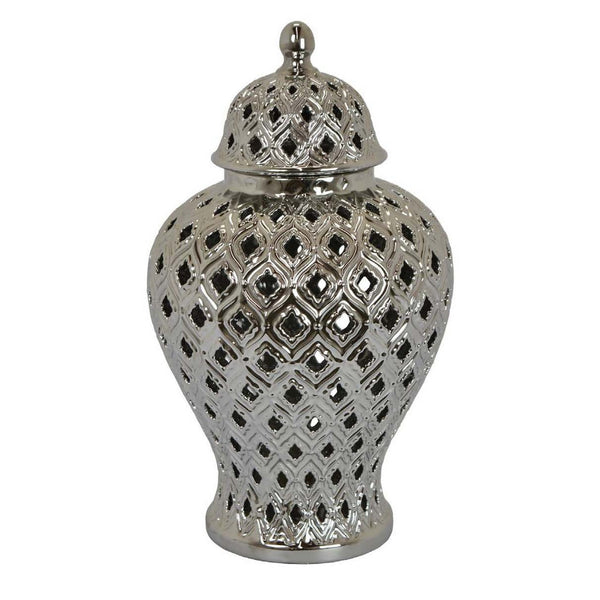 English Elm Deni Silver Porcelain Temple Jar with Pierced Lattice Lid for Mantel or Shelf Display B056P416854
