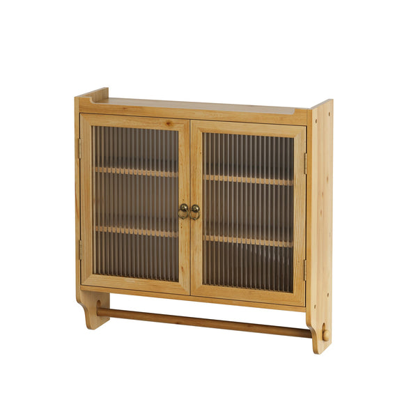 English Elm 24.8''Glass Vintage Double Door Wall Cabinet with 3-Tier Solid Wood Storage, Towel Rack, Natural W757P170145