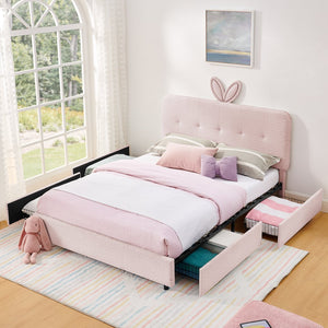English Elm Queen Boucle Upholstered Kids Bed with Rabbit Ear Headboard Led Lighting Storage Drawers Pink W1413P384926