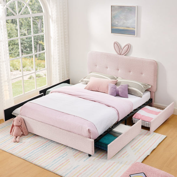 English Elm Queen Boucle Upholstered Kids Bed with Rabbit Ear Headboard Led Lighting Storage Drawers Pink W1413P384926