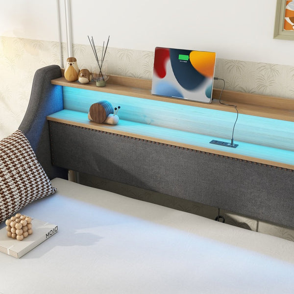English Elm Twin Size Daybed And Trundle Set With Charging Station, Led Lights, Gray Upholstered Design, Modern Look W1580S00044-GIGA