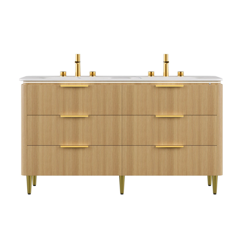 English Elm AMARA 60" Bathroom Vanity with Integrated Sintered Stone Basin, Preassembled Plywood Cabinet with Motion-Activated Light and Soft-Close Drawers Carrara White,Light Oak W2615P346341