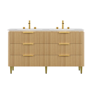 English Elm AMARA 60" Bathroom Vanity with Integrated Sintered Stone Basin, Preassembled Plywood Cabinet with Motion-Activated Light and Soft-Close Drawers Carrara White,Light Oak W2615P346341