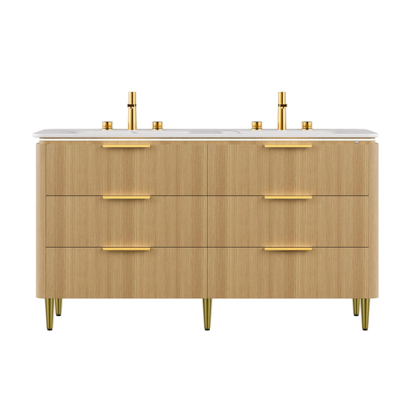 English Elm AMARA 60" Bathroom Vanity with Integrated Sintered Stone Basin, Preassembled Plywood Cabinet with Motion-Activated Light and Soft-Close Drawers Carrara White,Light Oak W2615P346341