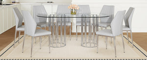 English Elm Table and Chair Set Oval Tempered Glass Top 9 Piece Modern Dining with Pu Seats Light Gray,Silver,Transparent W1151S04743