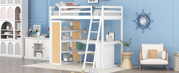 English Elm Twin Loft Bed with Built-in Desk Shelves and Drawer White Pine Study Zone LT100225AAK-1