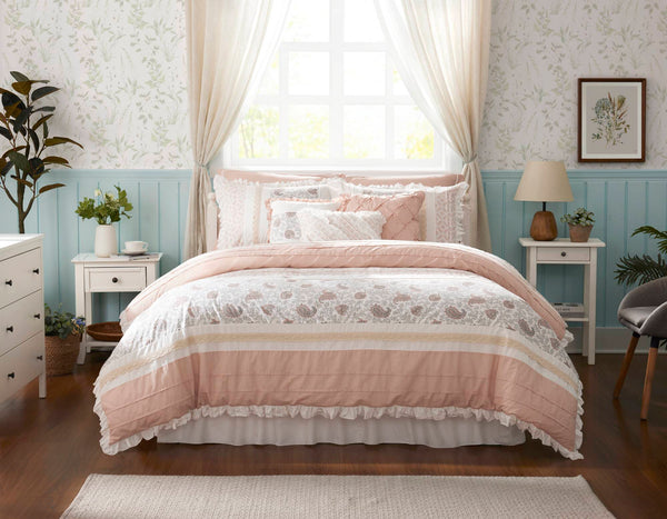 English Elm 9 Piece Cotton Percale Comforter Set – Blush Queen Stylish Shabby-Chic Bedding With Decorative Pillows B03597157