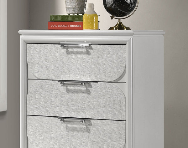 English Elm Contemporary Glam Acrylic-Handled 6-Drawer Dresser with Embossed Panels, Felt-Lined Jewelry Drawer White 34 L x 20 W x 44 H B2741P353134