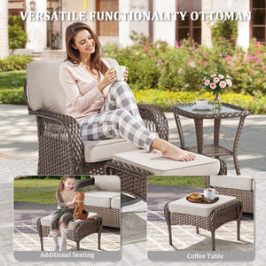 English Elm Outdoor Pe Wicker Patio Ottoman Set of 2 with Cushions for Deck or Backyard Beige T3773P418421