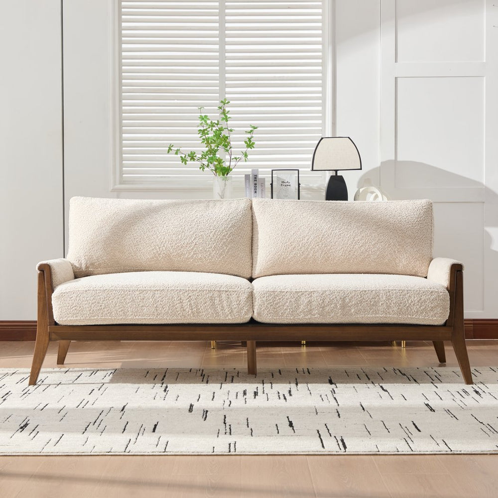 English Elm Mid-century Modern Boucle Upholstered Three Seat Sofa with Walnut Finish Wood Legs Beige N773P411407S