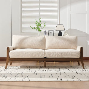 English Elm Mid-century Modern Boucle Upholstered Three Seat Sofa with Walnut Finish Wood Legs Beige N773P411407S