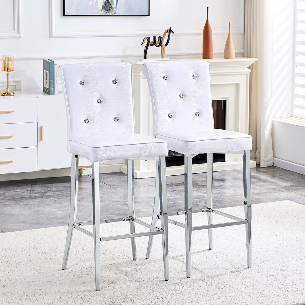 English Elm A Set of 2 Crocodile Embossed Pvc Barstools with Crystal Clasp Detail for Home Bars White W3875P383095