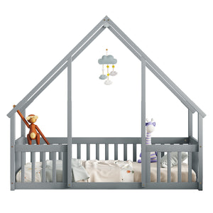 English Elm Twin Wood House-Shaped Floor Bed with Fence and Guardrails – Playful Pine Frame for Imaginative Kids Retreat Grey W504P143289