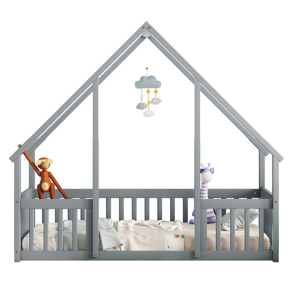 English Elm Twin Wood House-Shaped Floor Bed with Fence and Guardrails – Playful Pine Frame for Imaginative Kids Retreat Grey W504P143289