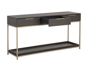 Sunpan Rebel Console Table: Modern Charcoal Oak Design with Soft Close Drawers and Stylish Gold Accents Gold / Charcoal Grey