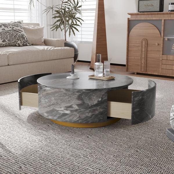 English Elm Tavola Round Coffee Table with Marble Pattern Top and Metal Legs, Two Drawers for Stylish Storage Brown B341P321163