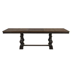 English Elm Traditional Oak Walnut Veneer Extendable Dining Set with Nailhead Upholstered Seating B011S00921