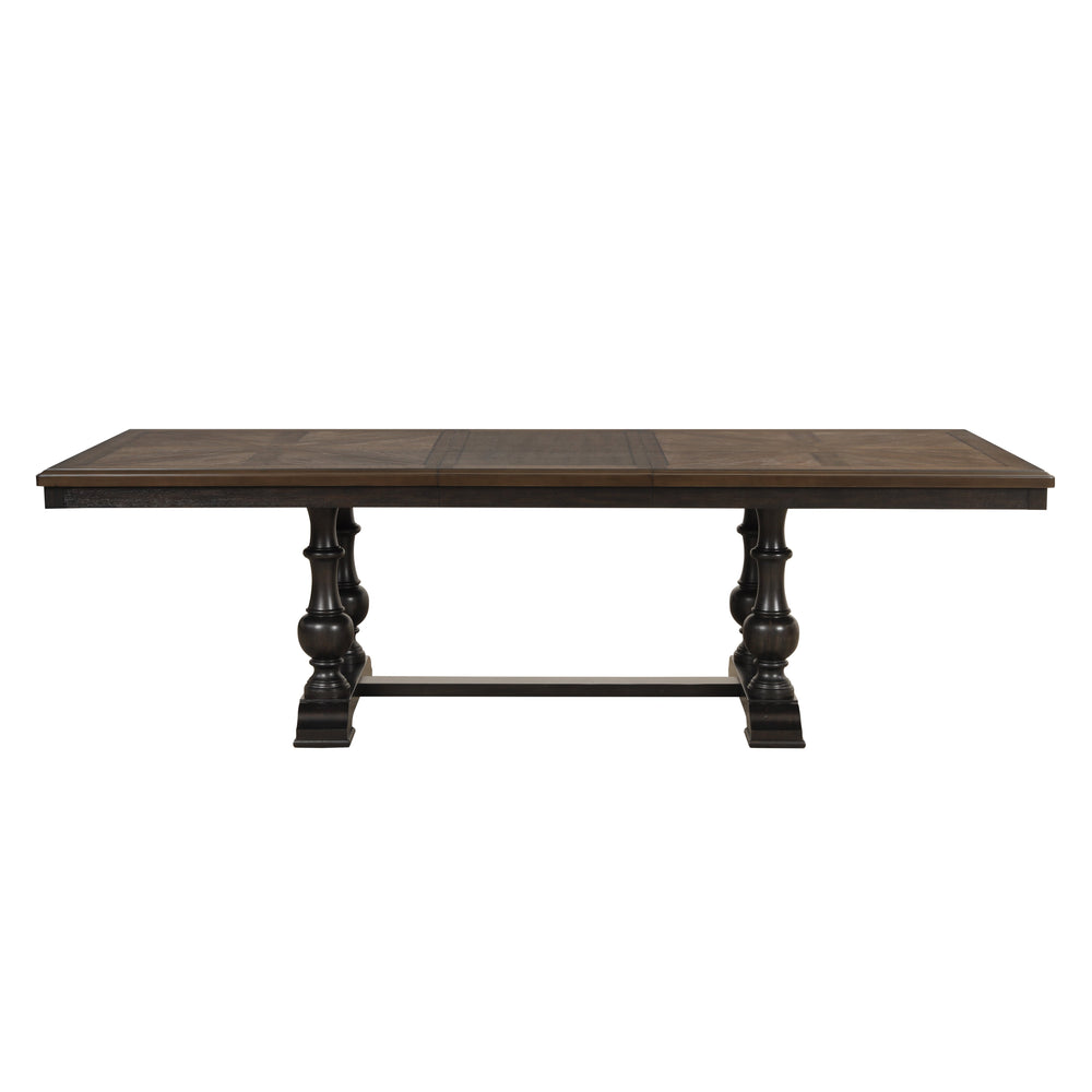 English Elm Traditional Trestle Dining Set Oak Walnut Veneer Table Four Nailhead Upholstered Chairs B011S00923