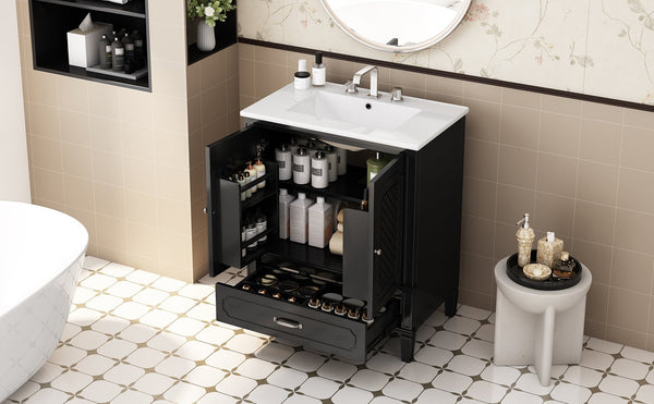 English Elm 30" Freestanding Bathroom Vanity Solid Wood Vintage Farmhouse Style Soft Close Storage N759P218644B
