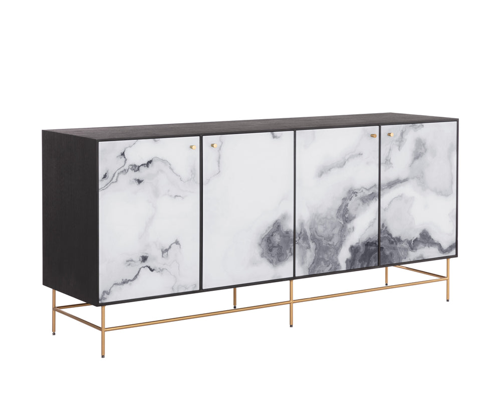Sunpan Cordero Sideboard: Modern Acacia Wood Beauty with Marble Design, Antique Brass Legs & 4 Cabinets