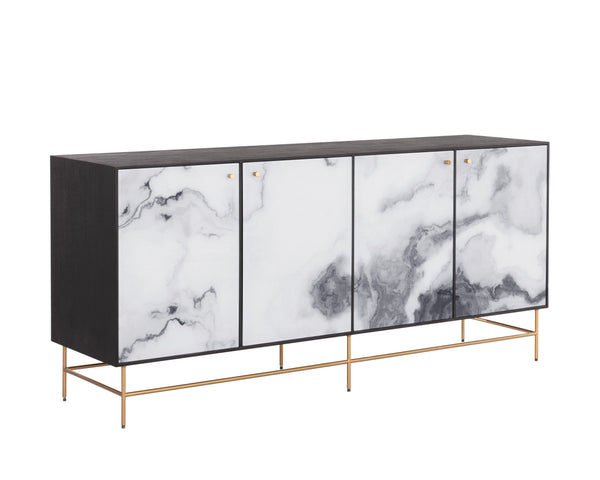 Sunpan Cordero Sideboard: Modern Acacia Wood Beauty with Marble Design, Antique Brass Legs & 4 Cabinets