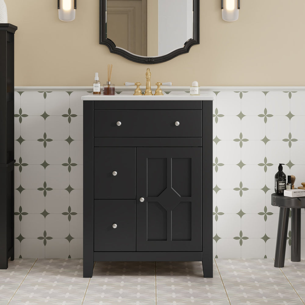 English Elm 24" Modern Bathroom Vanity with Ceramic Basin, French Country Cross-Grid Design & Soft-Close Drawers Black N710P280655B