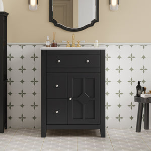 English Elm 24" Modern Bathroom Vanity with Ceramic Basin, French Country Cross-Grid Design & Soft-Close Drawers Black N710P280655B