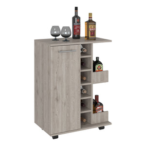 English Elm Bar Bar Cart Glass Door Cabinet with Two Shelves, Six Bottle Cubbies, Locking Casters, Rail Top Beige 33.46 L x 18.89 W x 7.09 H B097133078