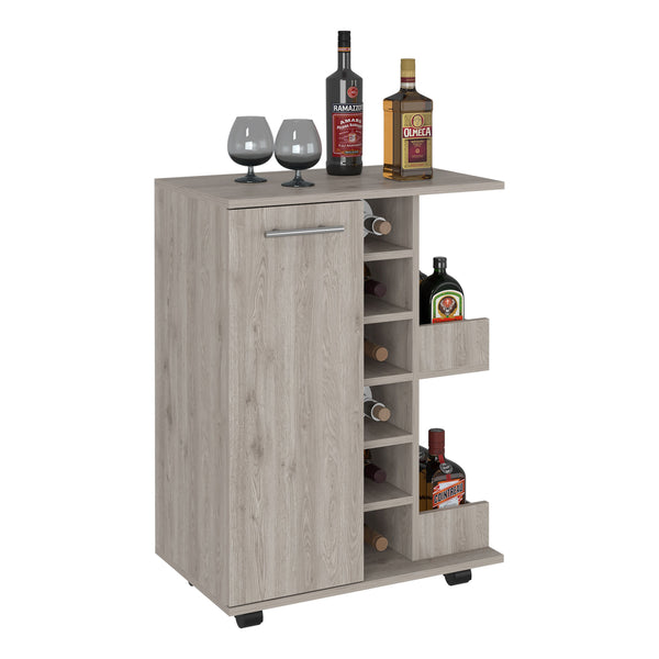 English Elm Bar Bar Cart Glass Door Cabinet with Two Shelves, Six Bottle Cubbies, Locking Casters, Rail Top Beige 33.46 L x 18.89 W x 7.09 H B097133078