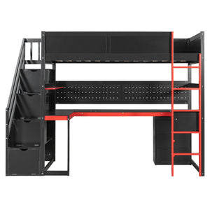 English Elm Full Size Gaming Loft Bed with Led Lighting Desk Shelves and Usb Charging Ports N820S00070J