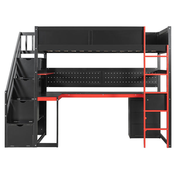 English Elm Full Size Gaming Loft Bed with Led Lighting Desk Shelves and Usb Charging Ports N820S00070J