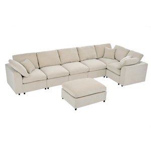 English Elm U_style Oversized Modular Sectional Plush Chenille Pine Frame Living Room Sofa with Ottoman Beige WY000453AAA